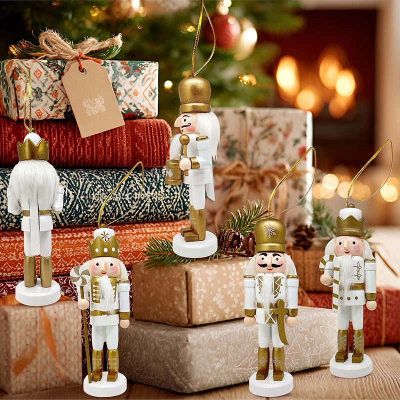 MicoSim Mini Nutcrackers Figures Wooden Christmas Decor, Hanging Nutcracker Ornaments for Xmas Tree, Wood Nut-Crackers Christmas Decorations for Festival Party (Gold, 5PCS) - Image 5